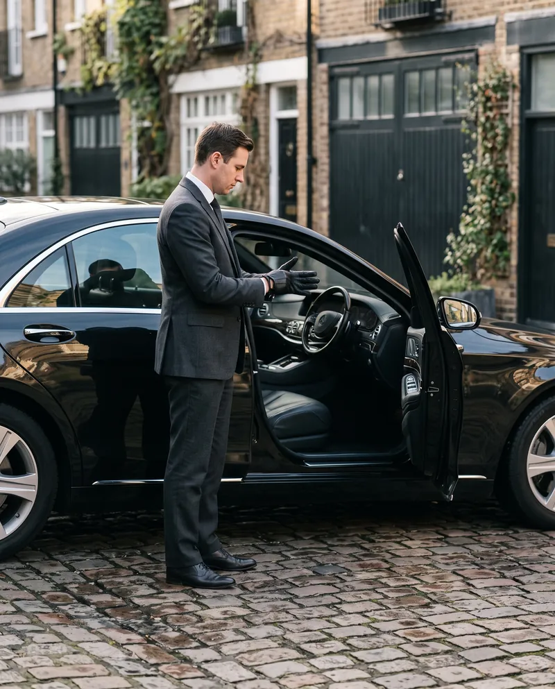 Chauffeur putting on driving gloves beside a Mercedes-Benz S-Class
