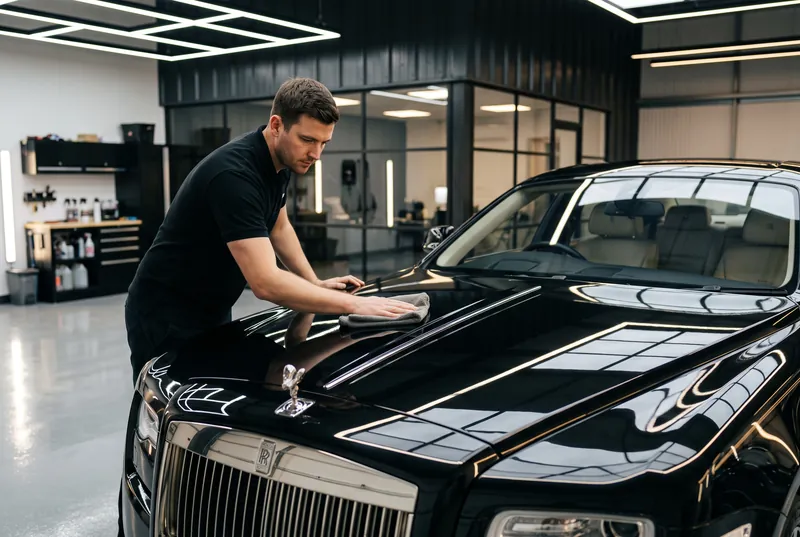 A Rolls-Royce Ghost being hand-polished before a journey