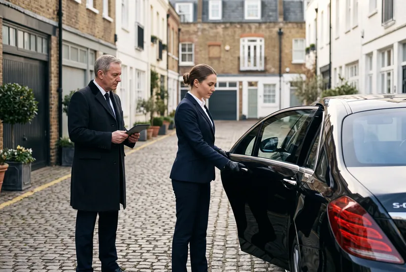 Instructor watching a chauffeur practise opening the rear door of a Mercedes-Benz S-Class