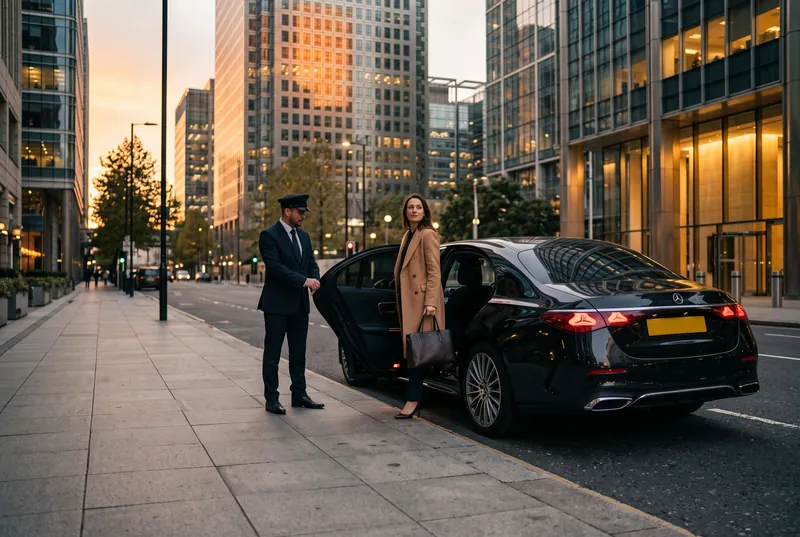 Businesswoman stepping into a Mercedes-Benz E-Class at Canary Wharf