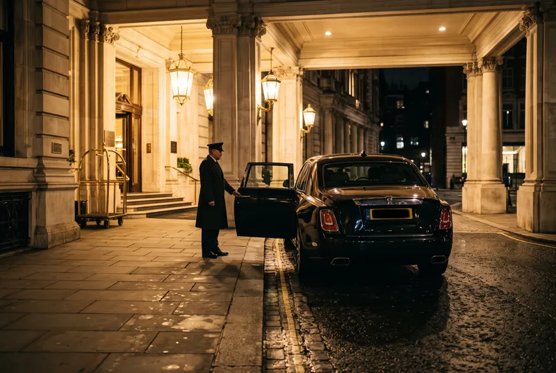Rolls-Royce Phantom waiting at a London hotel at night