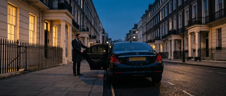 Chauffeur waiting beside a Mercedes-Benz on a Mayfair street
