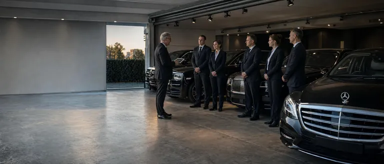Chauffeurs in dark suits being briefed by an instructor beside the fleet