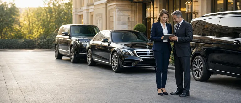Travel director and chauffeur manager reviewing an itinerary beside a line of luxury cars at a London hotel