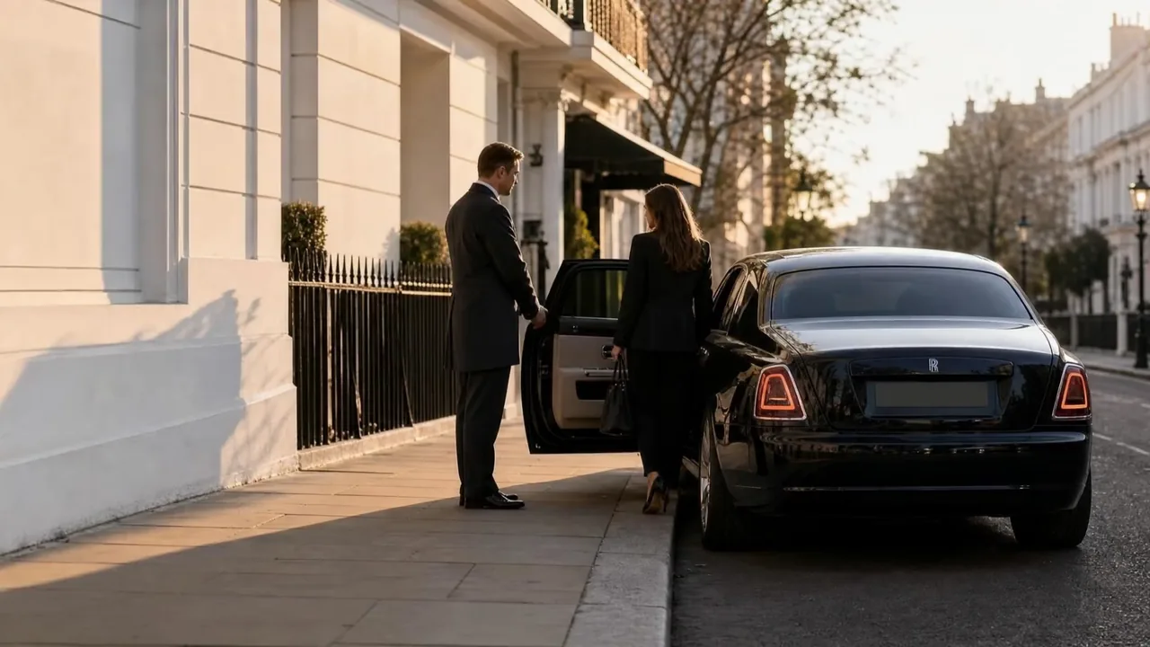 Chauffeur holding the rear door of a black Rolls-Royce Ghost outside a Mayfair townhouse