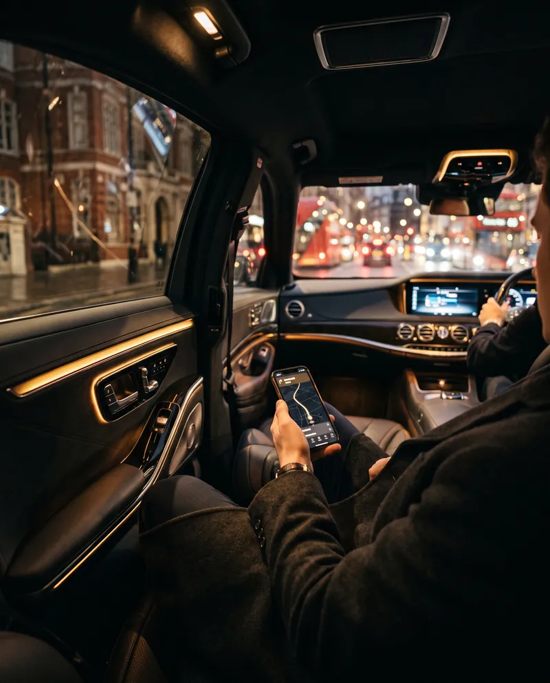 Passenger checking the booking app in the rear of a chauffeur-driven car at night