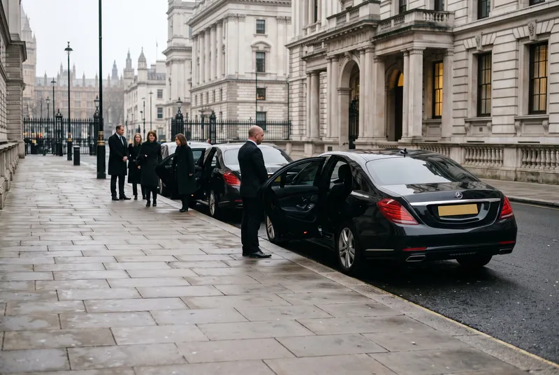 Chauffeur-driven Mercedes-Benz S-Class cars receiving a delegation in Westminster