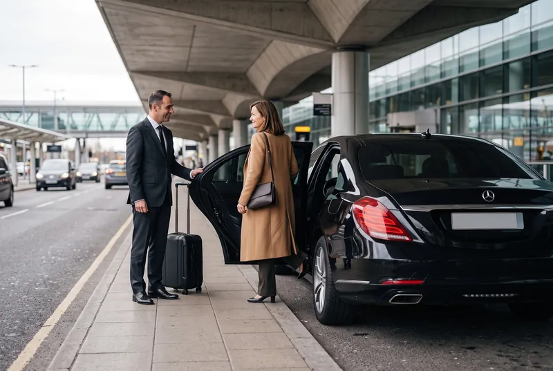 Chauffeur carrying a passenger's luggage to a Mercedes-Benz V-Class at the terminal
