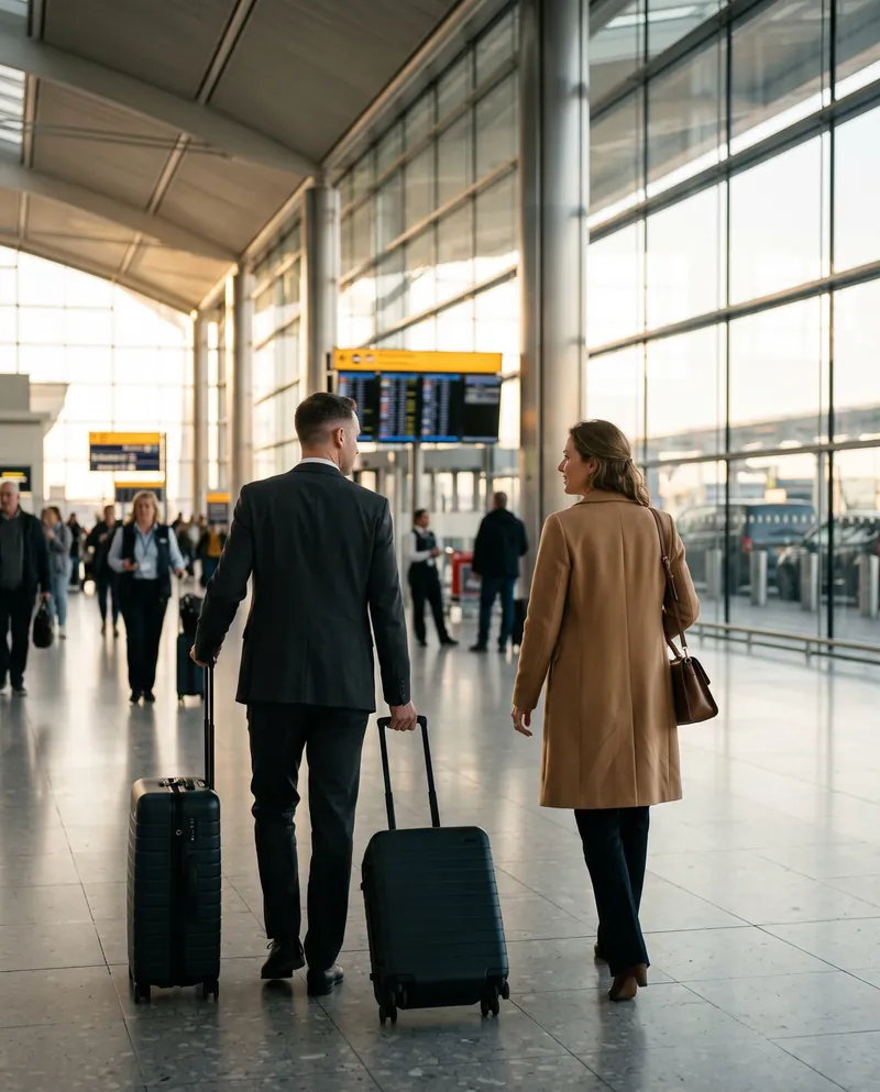 Chauffeur wheeling a passenger's suitcases through a London airport arrivals hall