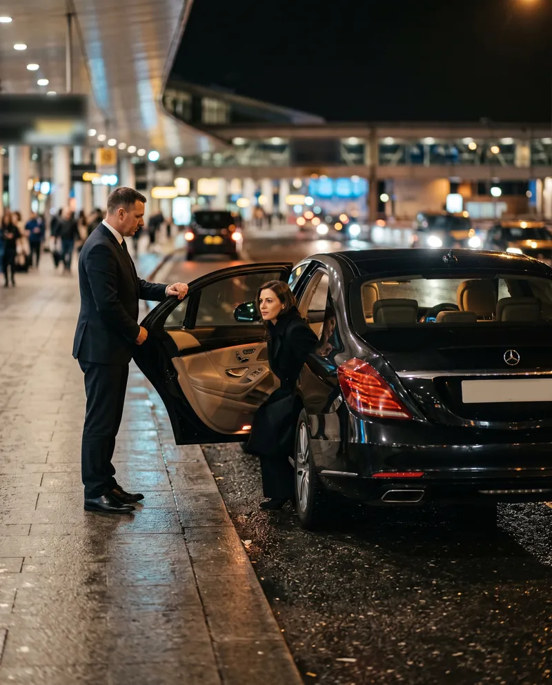 Woman taking her seat in a Mercedes-Benz S-Class at the terminal at night