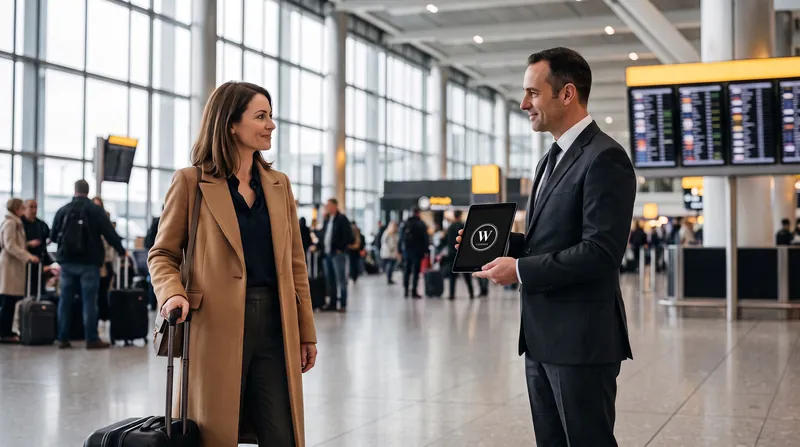 Chauffeur meeting a passenger in a London airport arrivals hall
