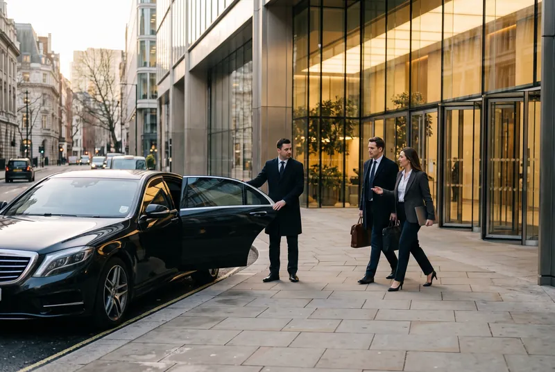 Chauffeur holding the door for business passengers outside an office