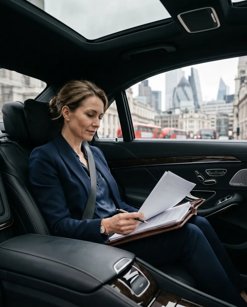 Businesswoman reviewing documents in the rear of a Mercedes-Benz S-Class