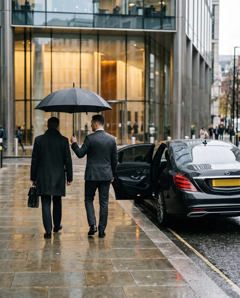 Chauffeur holding an umbrella outside a City of London office