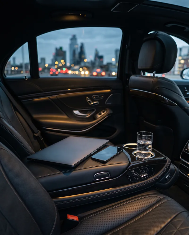 Laptop and phone on the rear armrest of a chauffeur-driven car