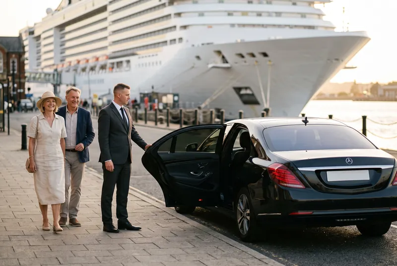 Couple stepping out of a chauffeur-driven Mercedes-Benz S-Class at a cruise port
