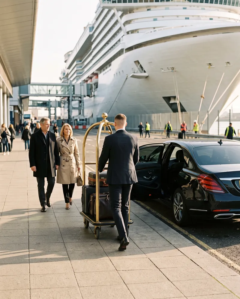 Chauffeur bringing a couple's luggage to the cruise terminal