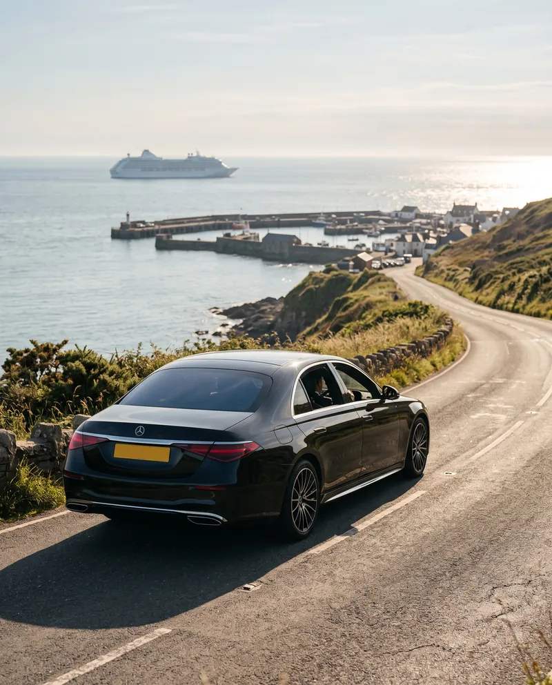 Mercedes-Benz S-Class on a coastal road towards a cruise port