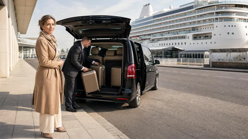 Chauffeur unloading suitcases from a Mercedes-Benz V-Class for a woman at a cruise terminal