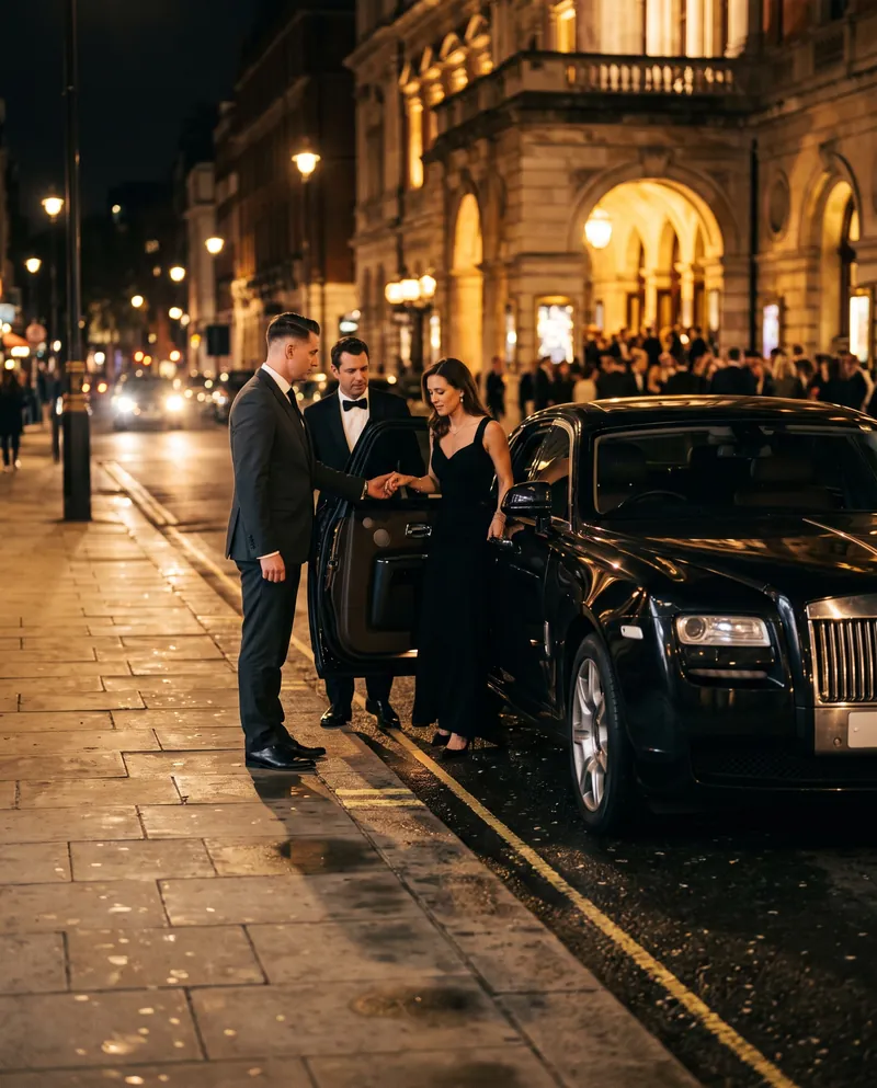 Couple in evening wear arriving at a London gala by Rolls-Royce