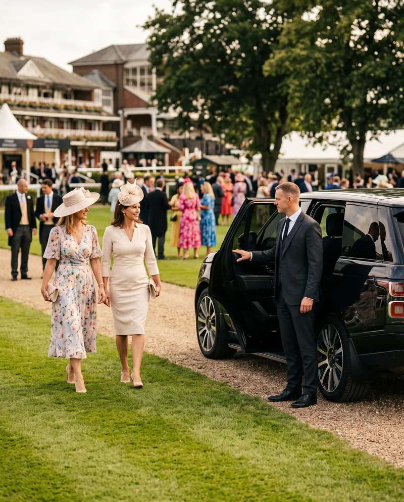 Two women in race-day hats walking to a waiting Range Rover