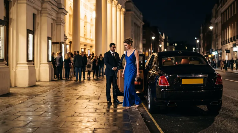 Woman in a royal-blue evening gown arriving at a London opera house by Rolls-Royce