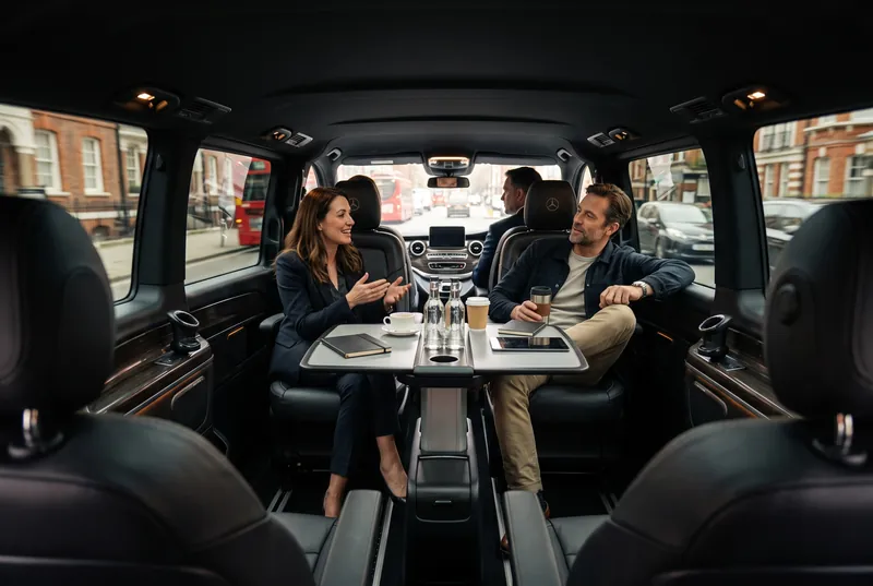Travellers in the conference seating of a Mercedes-Benz V-Class