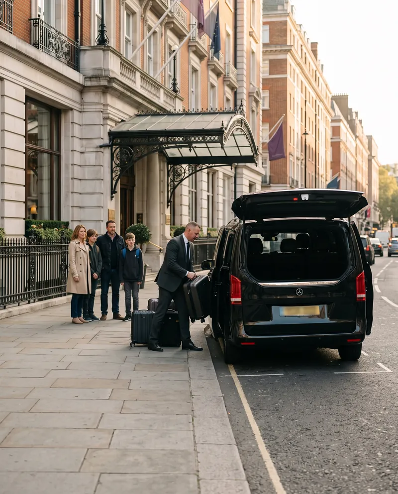 Chauffeur loading a family's luggage into a Mercedes-Benz V-Class