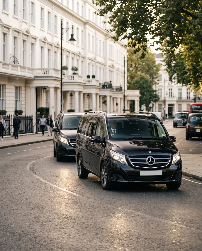 Two Mercedes-Benz V-Class vans travelling in convoy in London