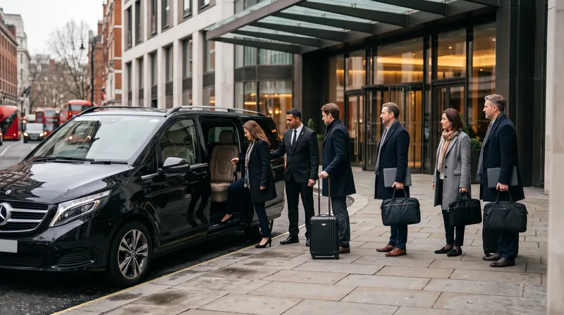 Business group boarding a Mercedes-Benz V-Class outside a hotel