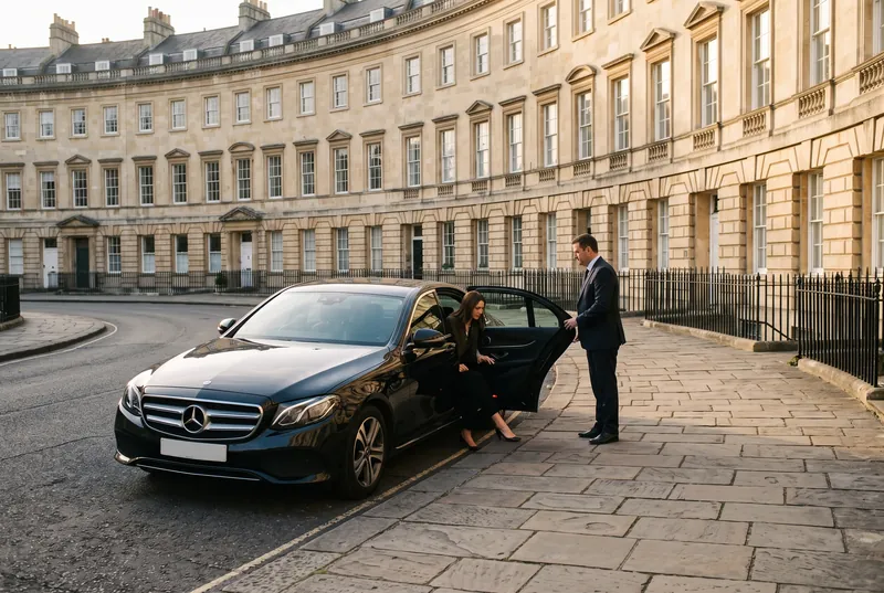 Chauffeur-driven Mercedes-Benz arriving in Bath