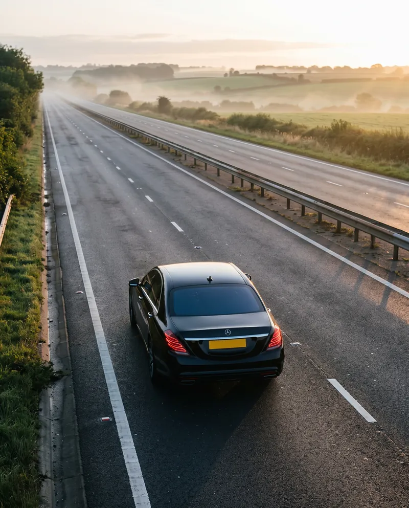 Mercedes-Benz S-Class on an English motorway at dawn