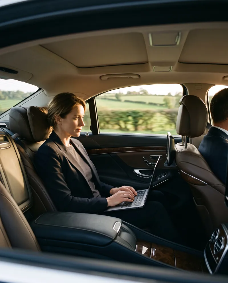 Woman working on a laptop in the rear of a Mercedes-Benz S-Class
