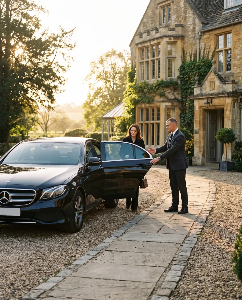 Chauffeur opening the door at a Cotswolds country hotel