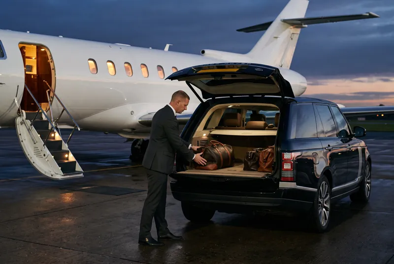 Chauffeur loading luggage into a Range Rover beside a private jet