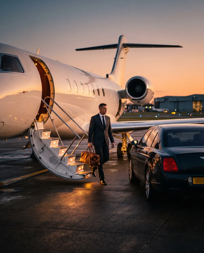 Chauffeur carrying a leather bag down the steps of a private jet