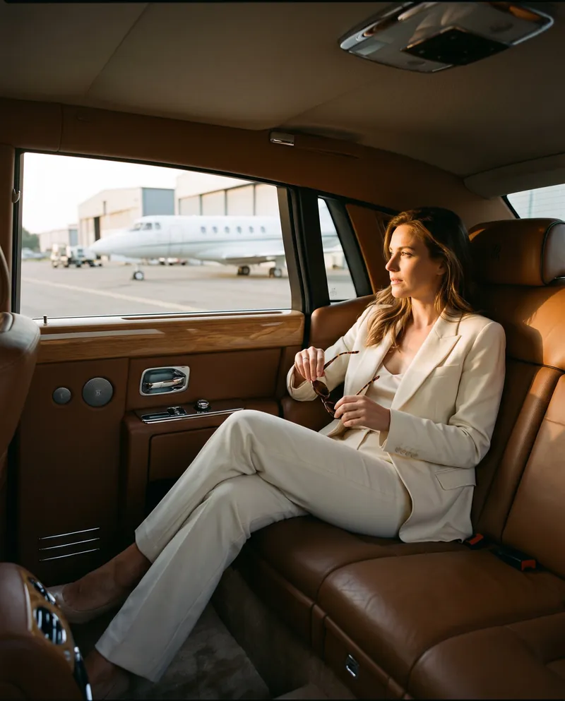 Woman relaxing in the rear of a Rolls-Royce beside a private jet