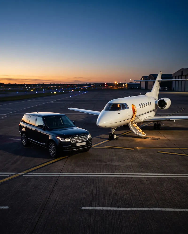 Range Rover waiting beside a private jet on the apron at dusk