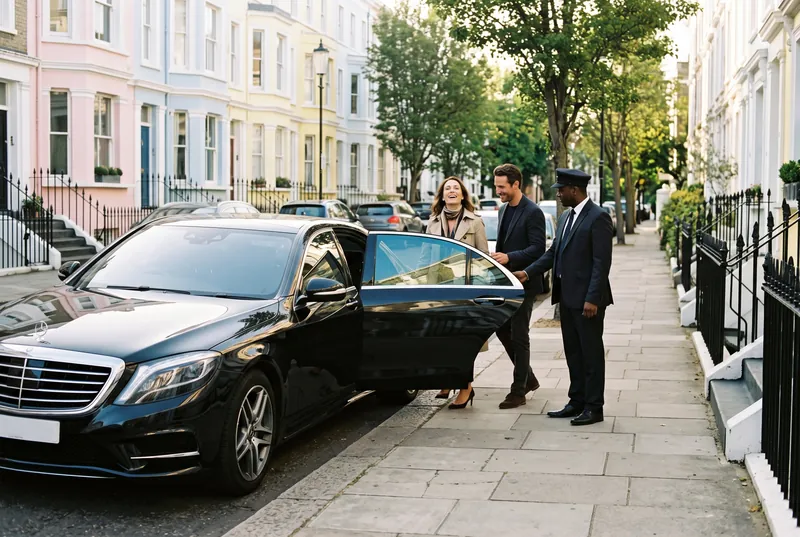 Couple stepping out of a chauffeur-driven car in Notting Hill