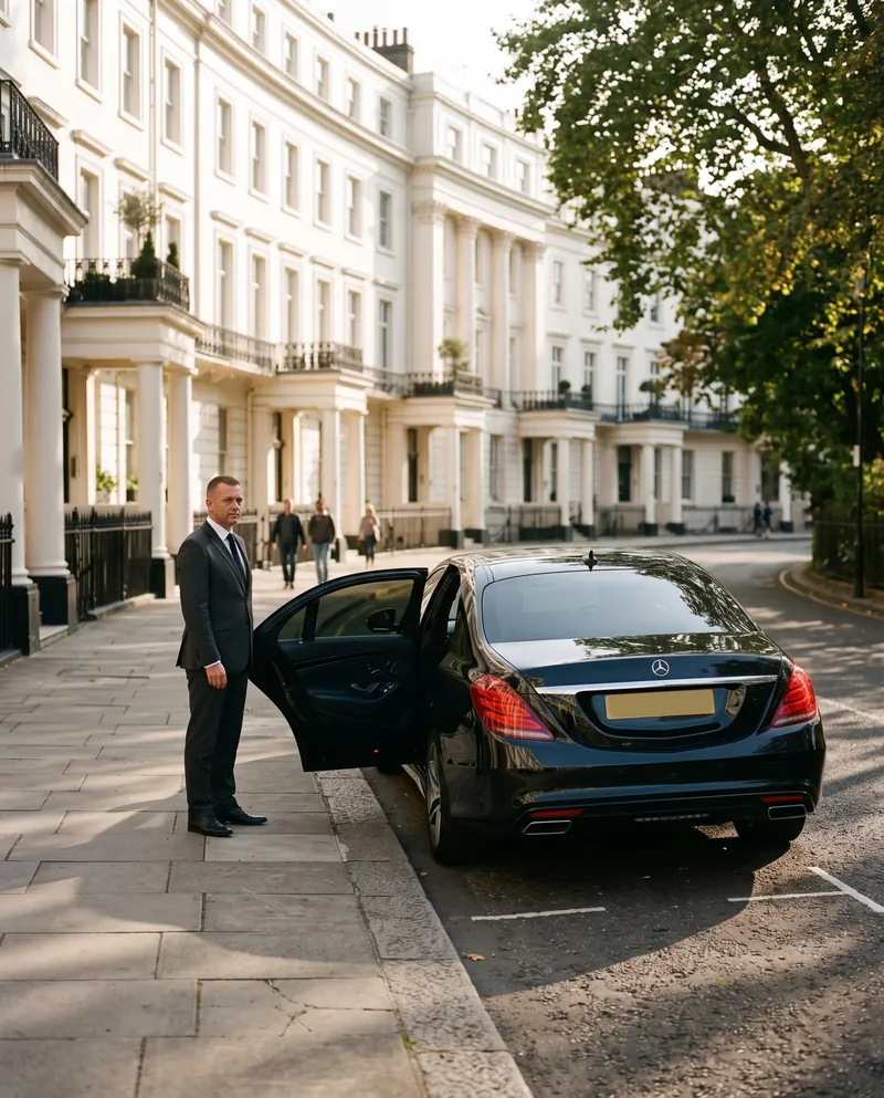 Chauffeur waiting beside a Mercedes-Benz S-Class by Regent's Park