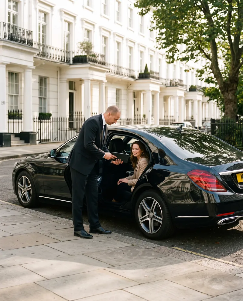 Chauffeur showing the day's route on a tablet to a passenger in the rear seat