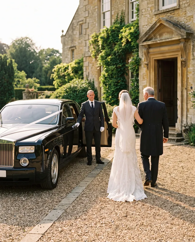 Bride and her father walking to a ribboned Rolls-Royce Phantom