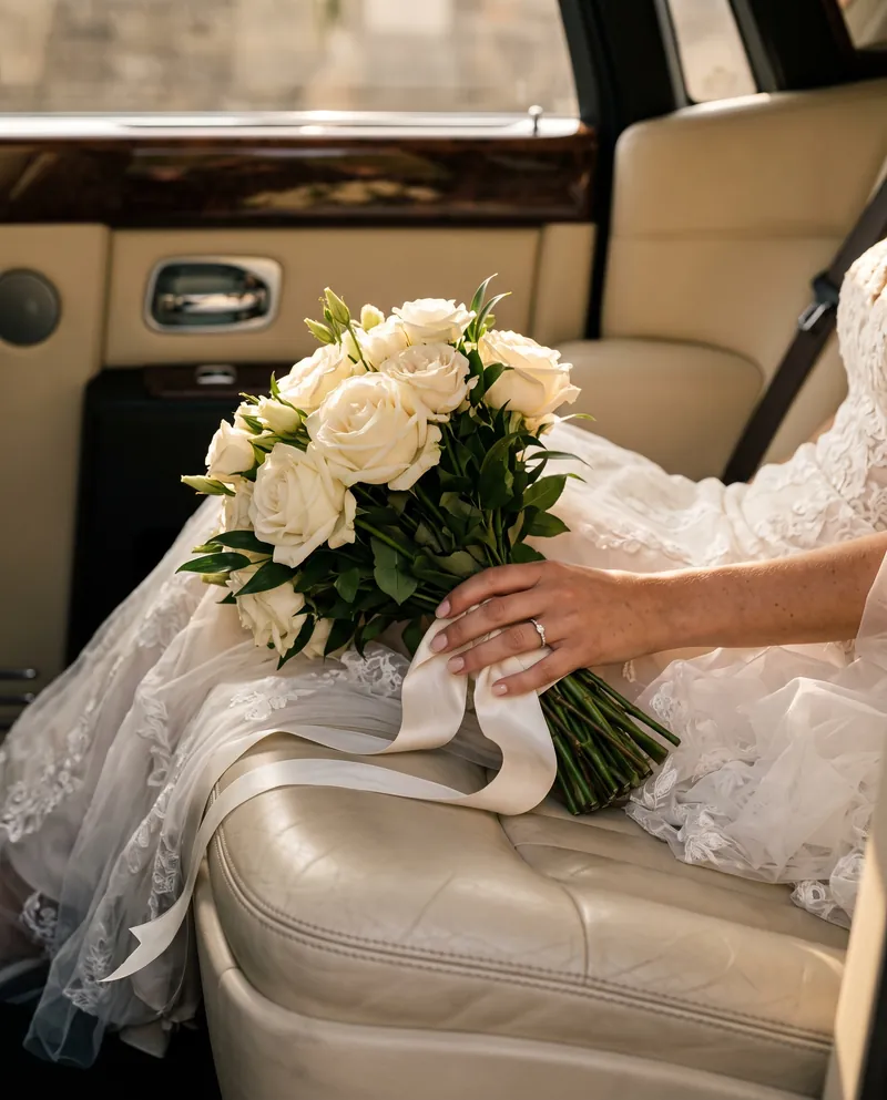 Bridal bouquet on the rear seat of a Rolls-Royce